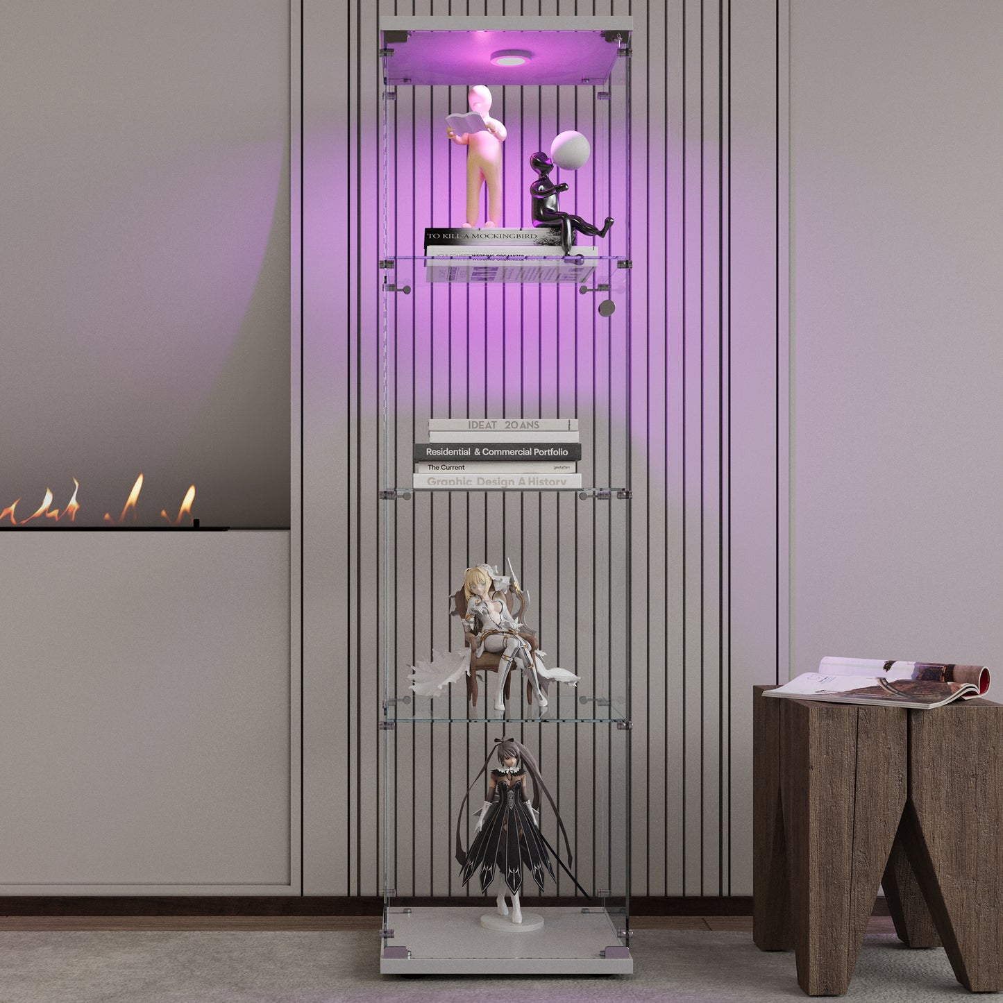 LED Lights Glass Display Cabinet 4 Shelves With Door, Floor Standing Curio Bookshelf For Living Room Bedroom Office, 64.7 X16.7 X14.3   White