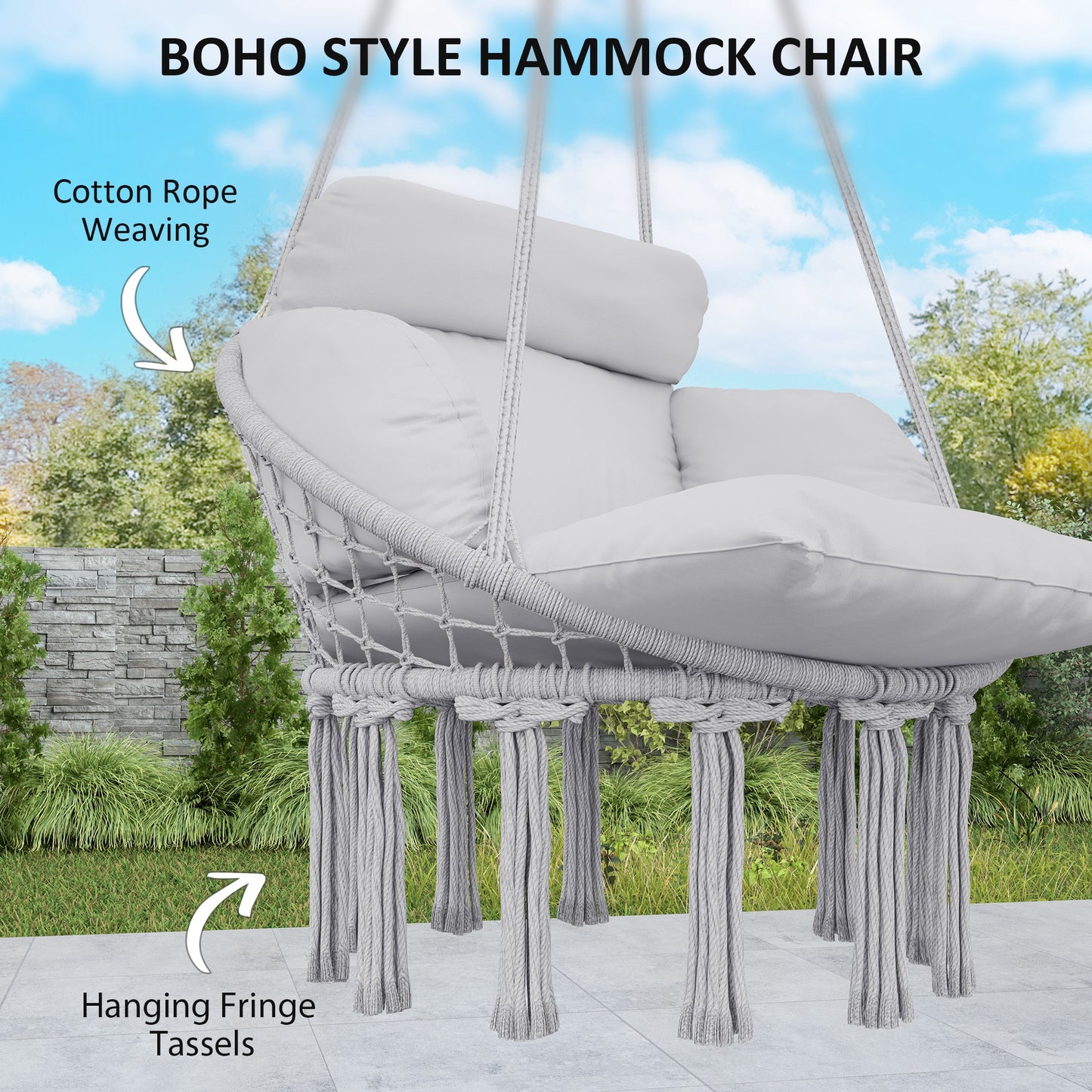 Hammock Swing Chair, Macrame Hanging Chair With Large Cushion, Chain, Steel Frame For Indoor Outdoor Use, Gray