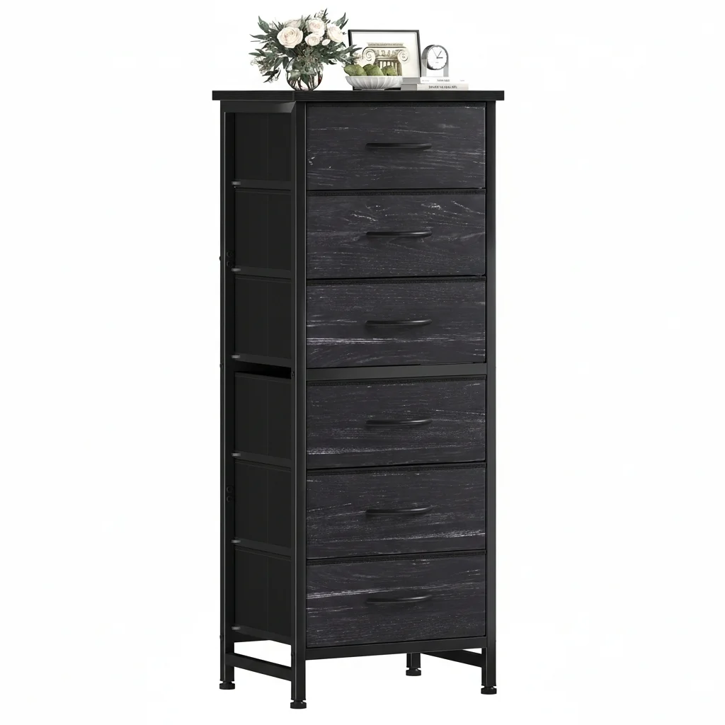 High Cabinet-style Storage Cabinet, Equipped With 6 Fabric Drawers, Metal Frame With Cross-bracing Rods, Anti-toppling Design, And Wooden Tabletop