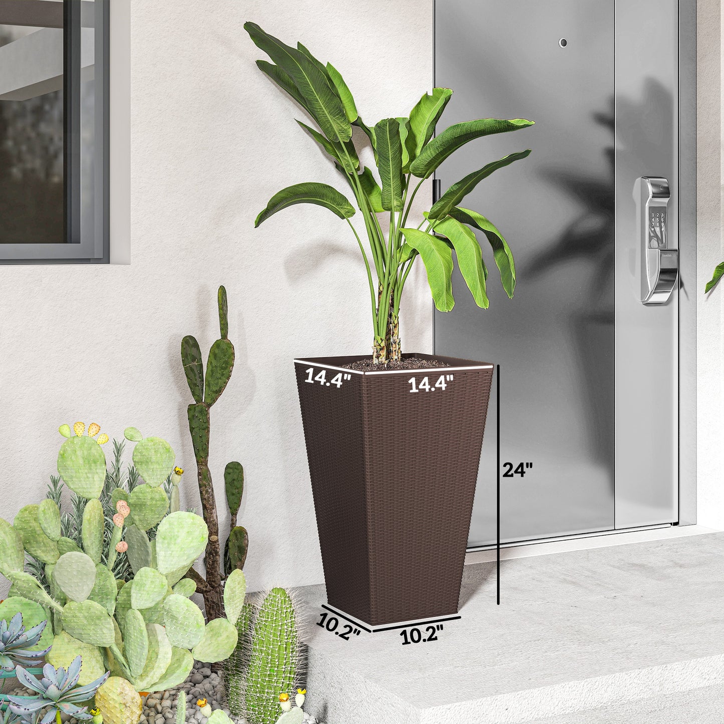 Set Of 3 Tall Planters With Drainage Hole, 24" Outdoor Flower Plant Pots, Indoor Planters For Porch, Front Door, Entryway, Patio And Deck, Brown