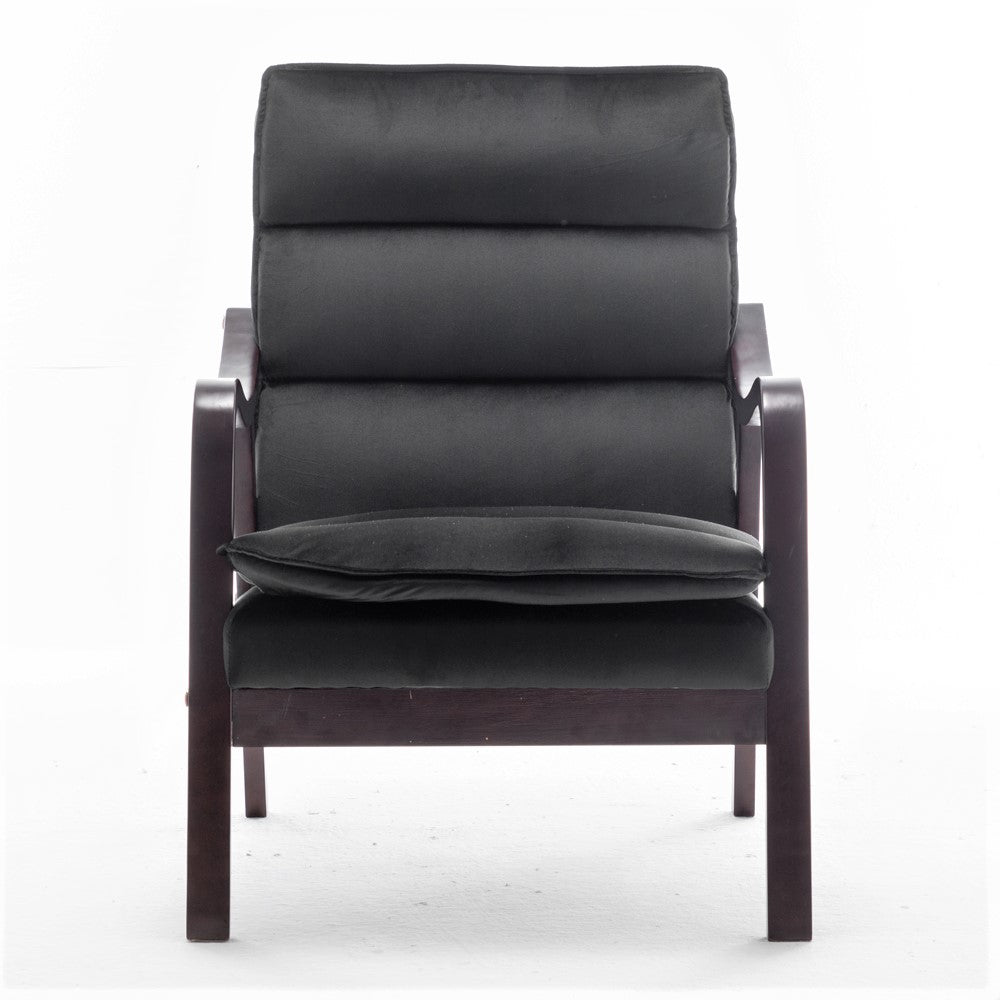 Mid-Century Modern Black Accent Chair With Wood Armrest, Upholstered Reading Chair For Living Room Bedroom