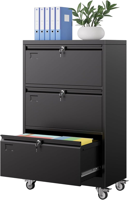 Aobabo 3 Drawer Lateral File Cabinet With Wheels,Metal Filing Cabinet With 3 Lock, For Home Office School Hanging Files Letter Legal F4 A4 Size, Assembly Required, Black