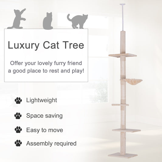 102" Adjustable Height Floor To Ceiling Cat Tree, 5 Level Cat Tower With Scratching Posts, Hammock, Beige