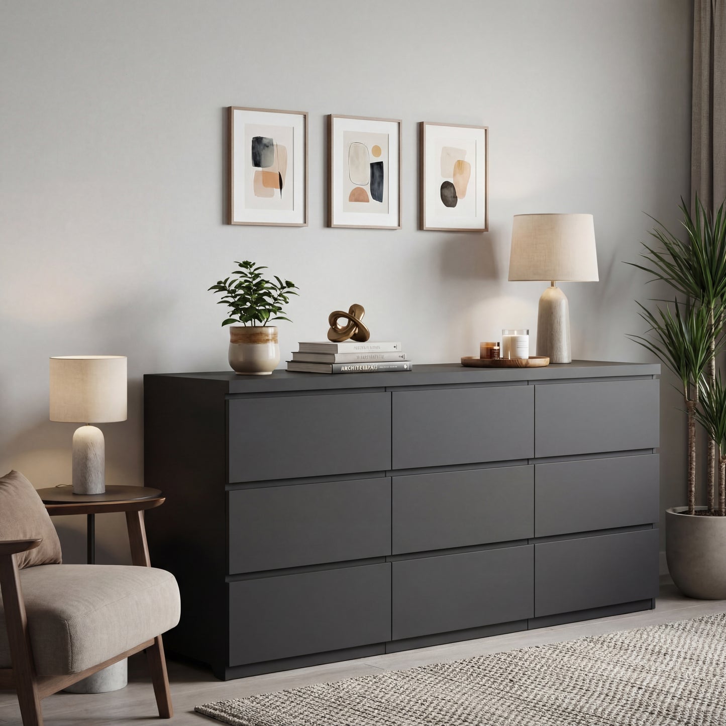 9 Drawer Dresser With No Handle Design, Modern Black Matte Wood Dresser For Bedroom, Storage Chest Of Drawers For Living Room, Hallway, Entryway