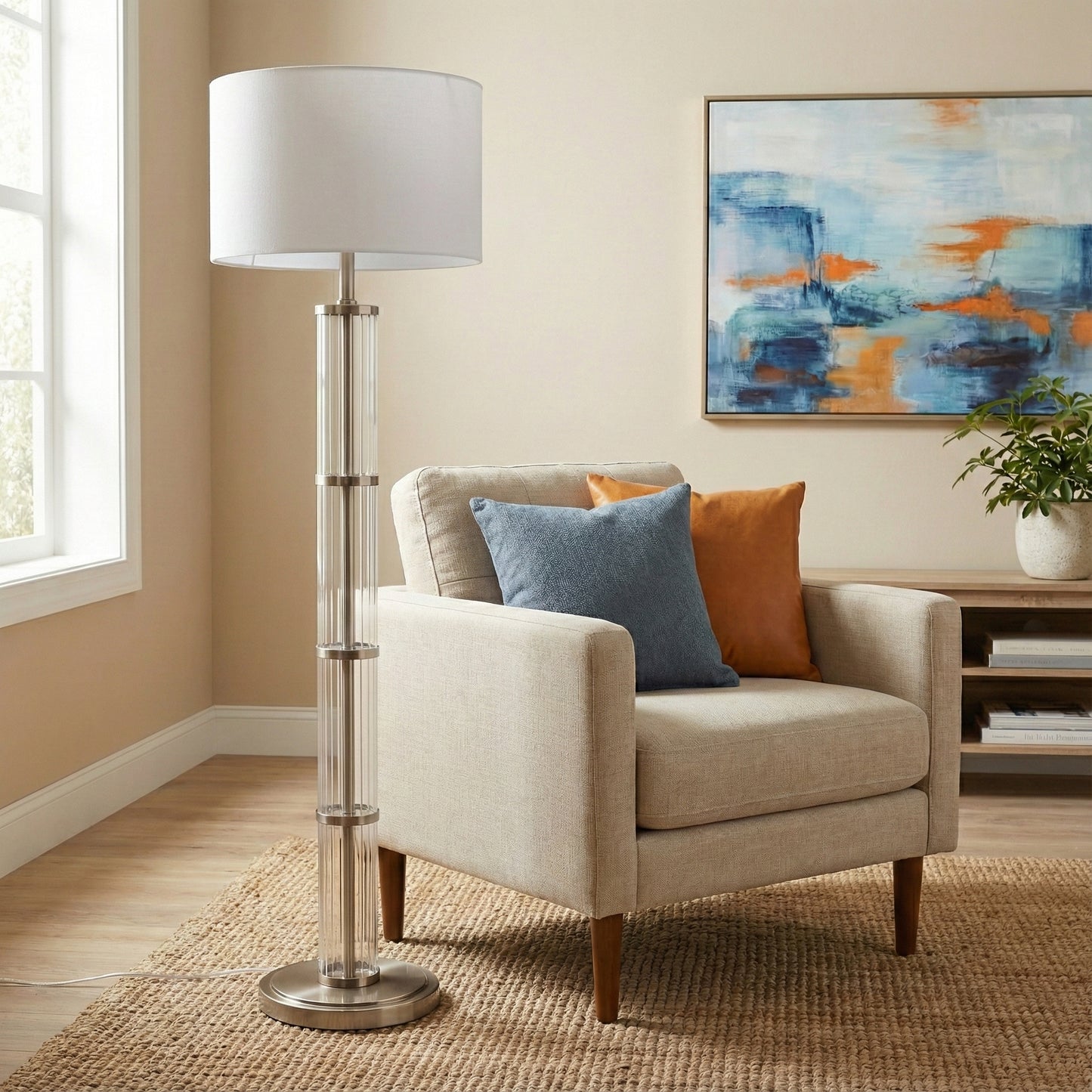 Nimbus Brushed Nickel Floor Lamp With 3-Way Rotary  Clear Glass Body  Metal Base