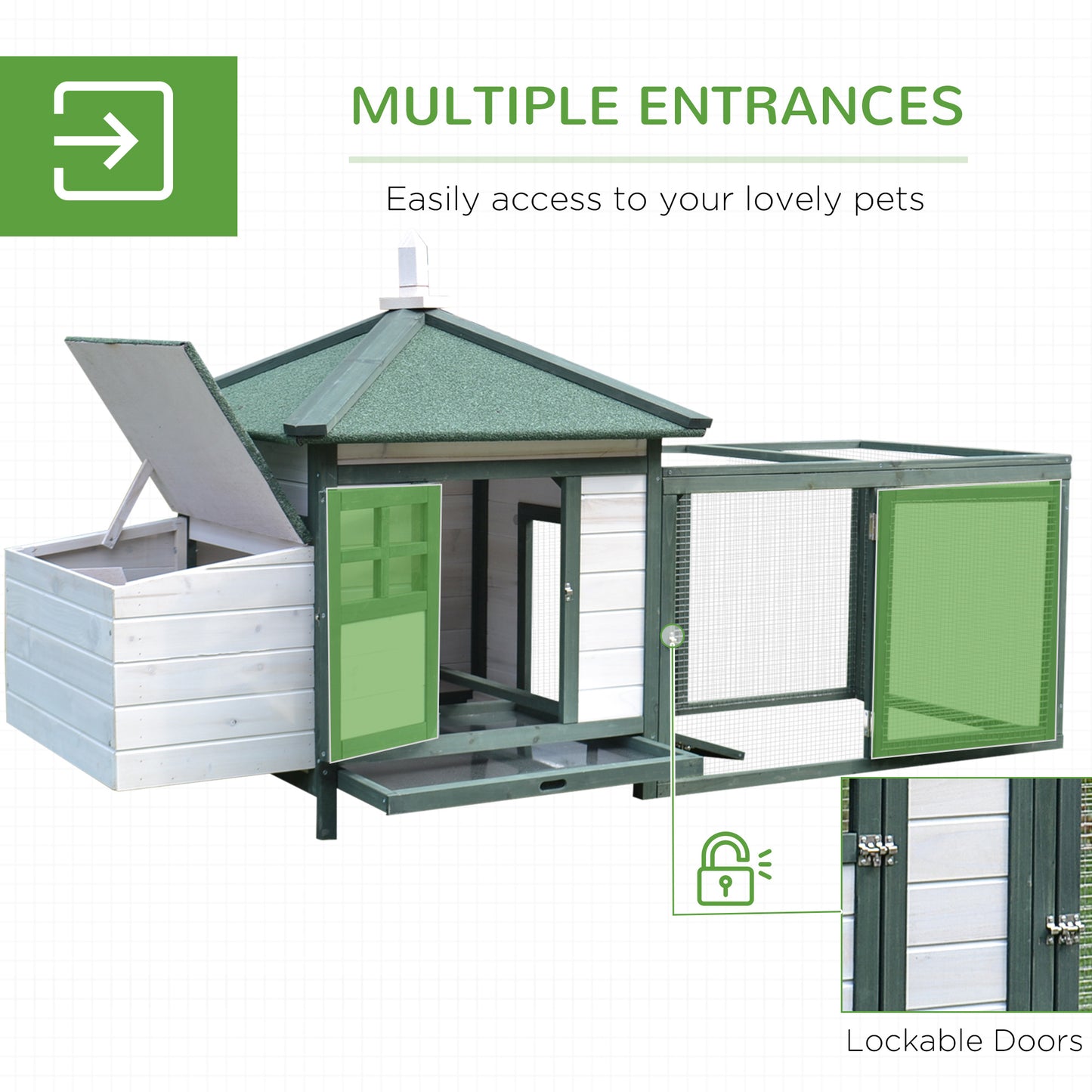 77" Wooden Chicken Coop Hen House Poultry Cage With Weatherproof Roof, Nesting Box, Enclosed Run And Removable Tray For Outdoor Backyard, Green