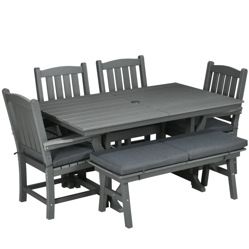 6 Pieces Patio Dining Set, 6 Seater Outdoor Table And Chairs, Conversation Furniture, Armrests, Loveseat Bench, Dinner Table With Umbrella Hole, Cushions, Dark Gray