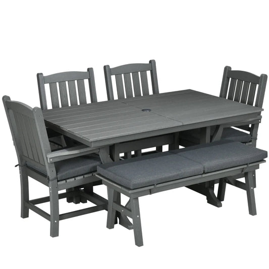 6 Pieces Patio Dining Set, 6 Seater Outdoor Table And Chairs, Conversation Furniture, Armrests, Loveseat Bench, Dinner Table With Umbrella Hole, Cushions, Dark Gray