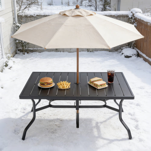 Outdoor Dining Table For 6, Powder-Coated Steel Slat Top With 2.16in Umbrella Hole, Anti-Slip Pads, E-Coating Frame, All-Weather Black Patio Table For Garden, Poolside, Backyard