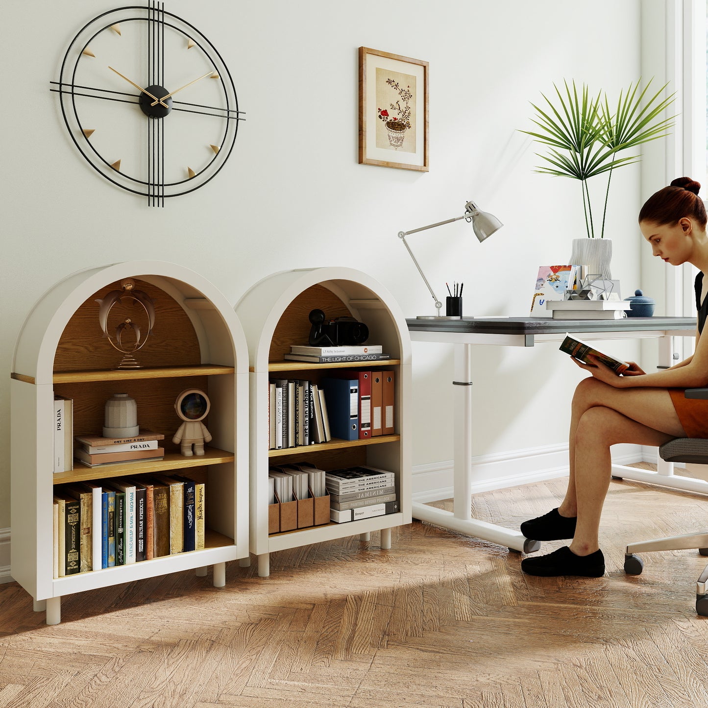 Arched Small Bookcase Set Of 2 ,Arched Storage Cabinet,Wooden Modern Arched Top Bookshelf With 3 Shelves,White With Woodgrain Shelves, 3-Tier Storage Shelf For Living Room, Bedroom, Entryway