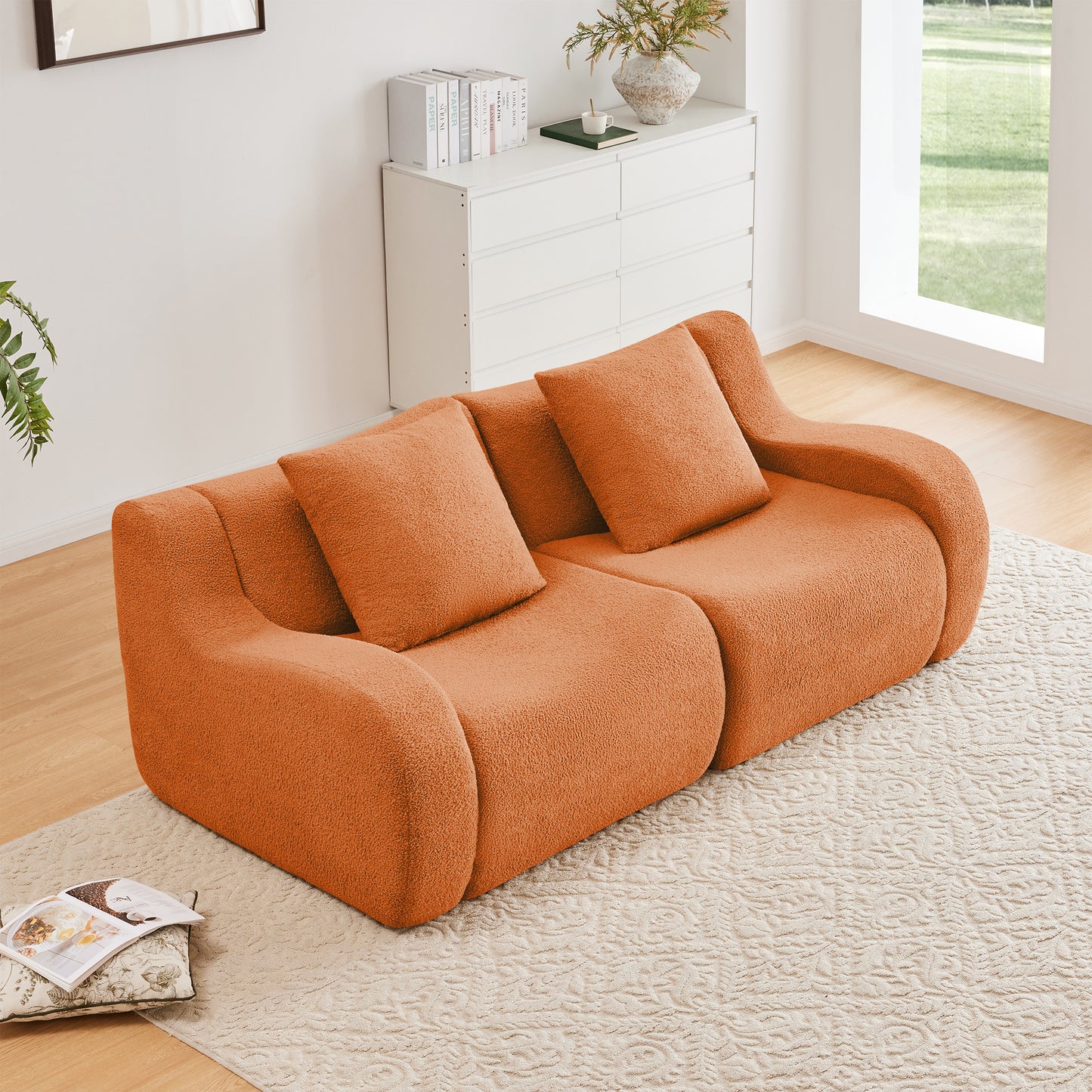 Soft Teddy Fabric Boneless Sofa,No Assembly Required Streamlined Design,Anti-Slip Design 32D High Density Sponge Living Rooms Bedrooms,Orange