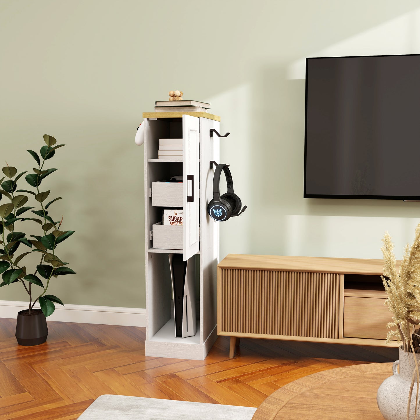 44.49  Slim AV Media Stand Game Console Stand, Media Storage Cabinet With 2 Built-in Drawers And 3 Hooks, Game Console Storage Cabinet For PS5 And Xbox-Antique White