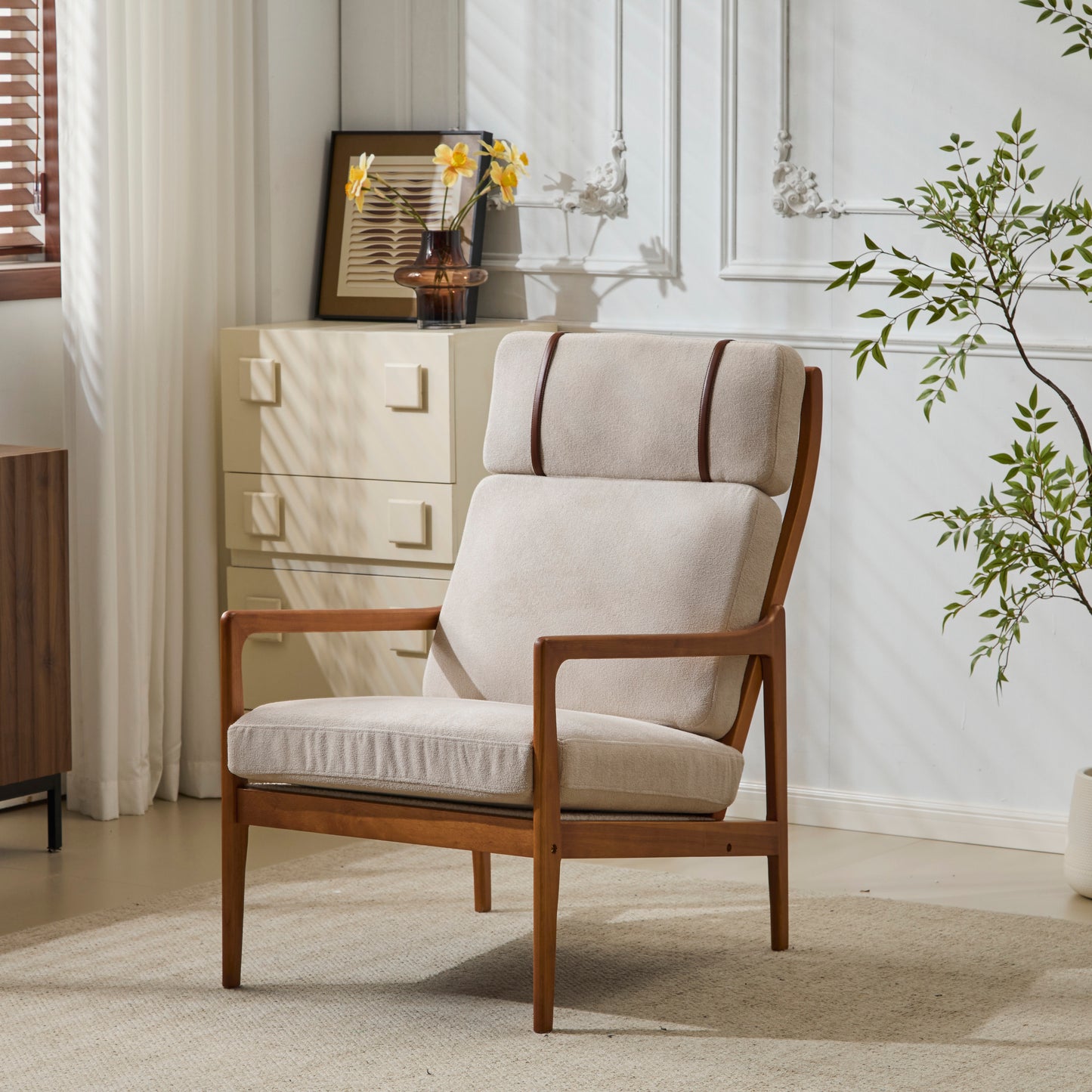 Mid Century Modern Accent Armchair, Solid Wood Frame With High Back, Light Gray Upholstered Cushions, Ergonomic Lounge Chair For Living Room Bedroom Reading Nook