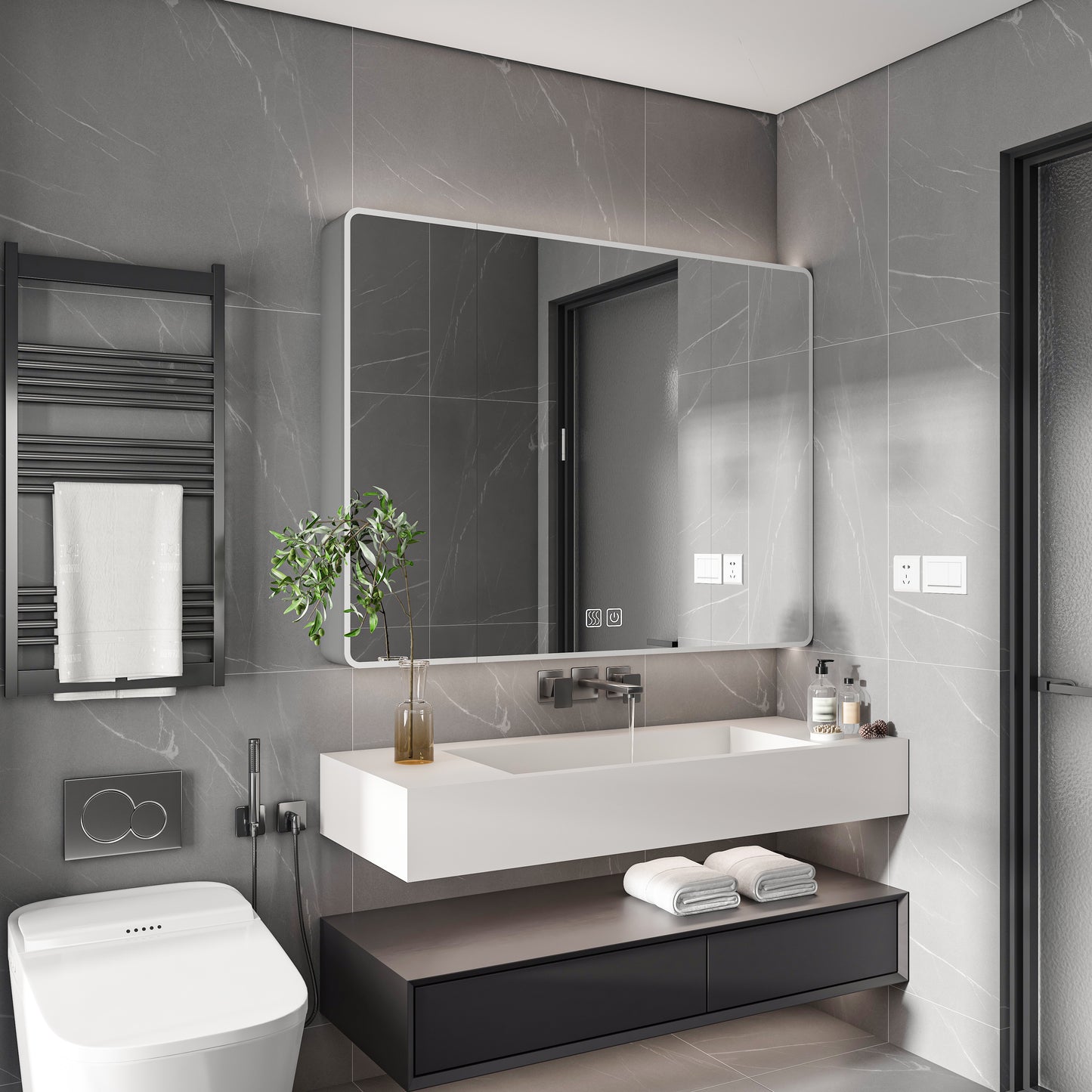Aluminium Medicine Cabinet Mirror  35 X 28 Inches Medicine Cabinet With 3 Colors LED Light And Defogging Function  Bathroom Mirror Cabinet With Cosmetic Storage Rack And Hair Dryer Holder  Grey