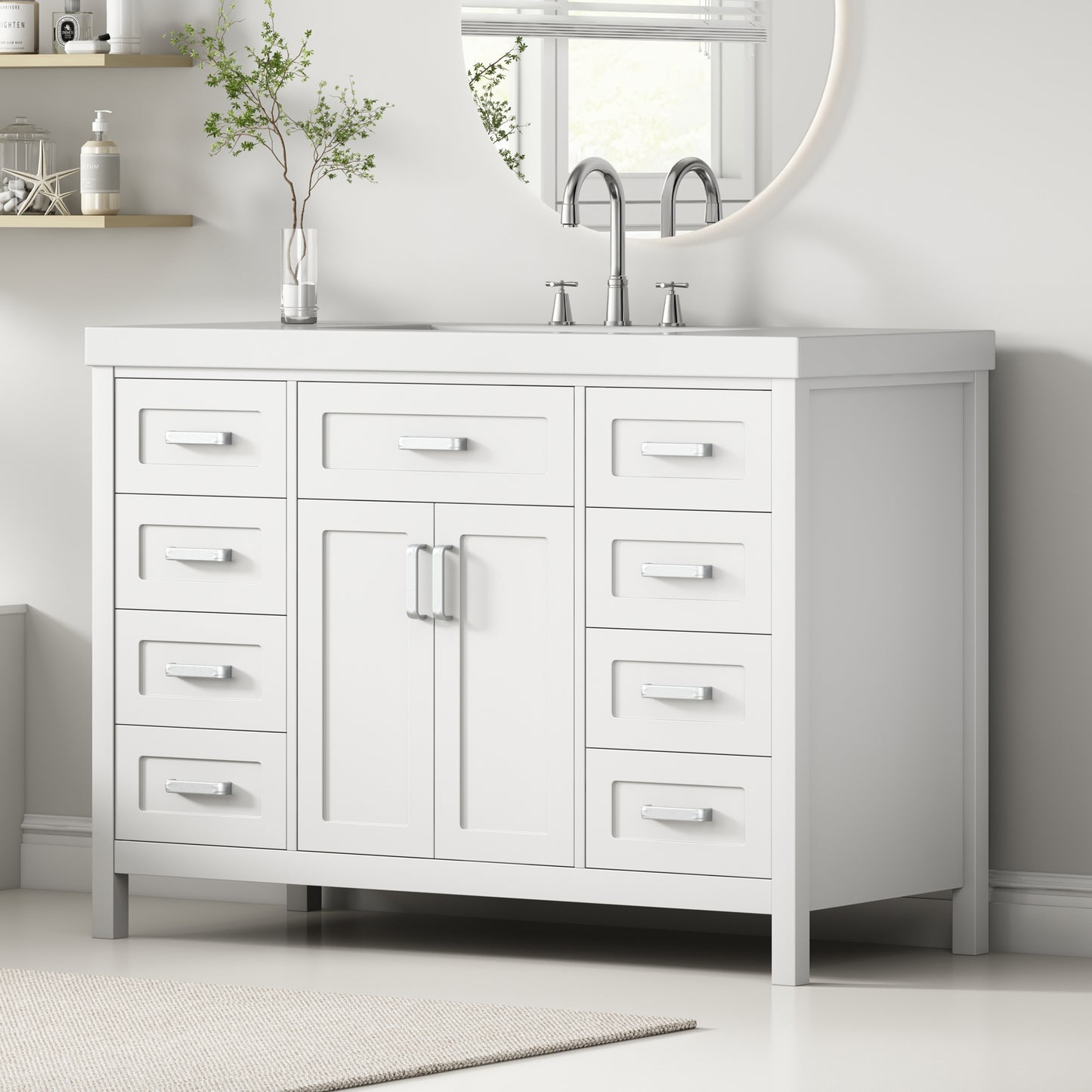 Video 48  Bathroom Vanity With Sink, 2 Doors And 8 Drawers, Soft Close System, Classic Design, White
