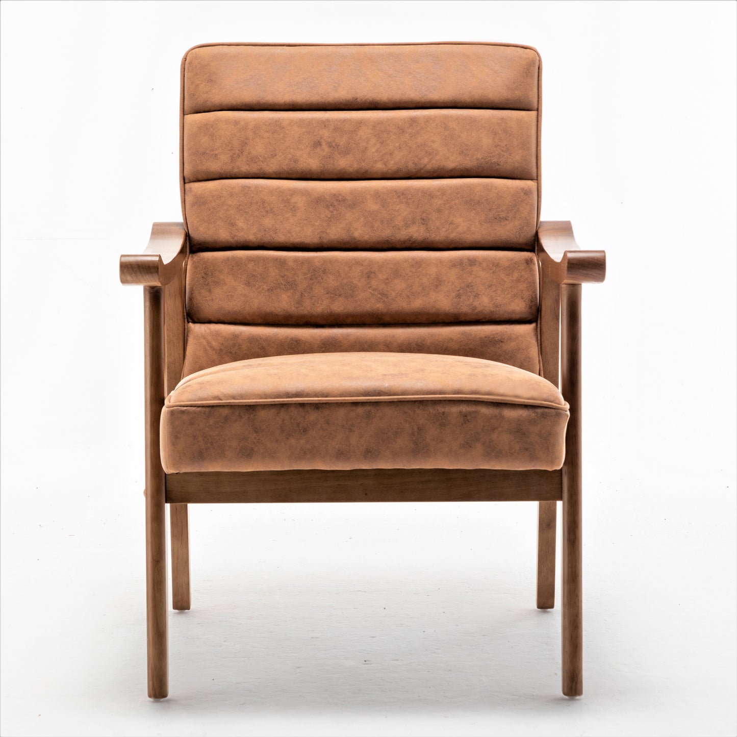 Mid-Century Modern Accent Chair, Solid Wood Frame Leather Look Microfiber Armchair With Open-Framed Arm Design, Plush Padded Seat And Back Cushion For Living Room Bedroom