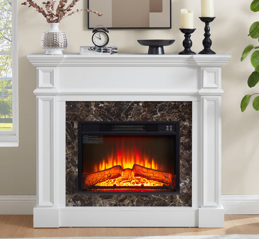 Electric Fireplace With Mantel, Fireplace Mantel, Fireplace Heater Freestanding, Realistic Stacked Stone Surround With Remote Control Timer LED Flame, White, 45.66 Wx11.8 Dx40 H