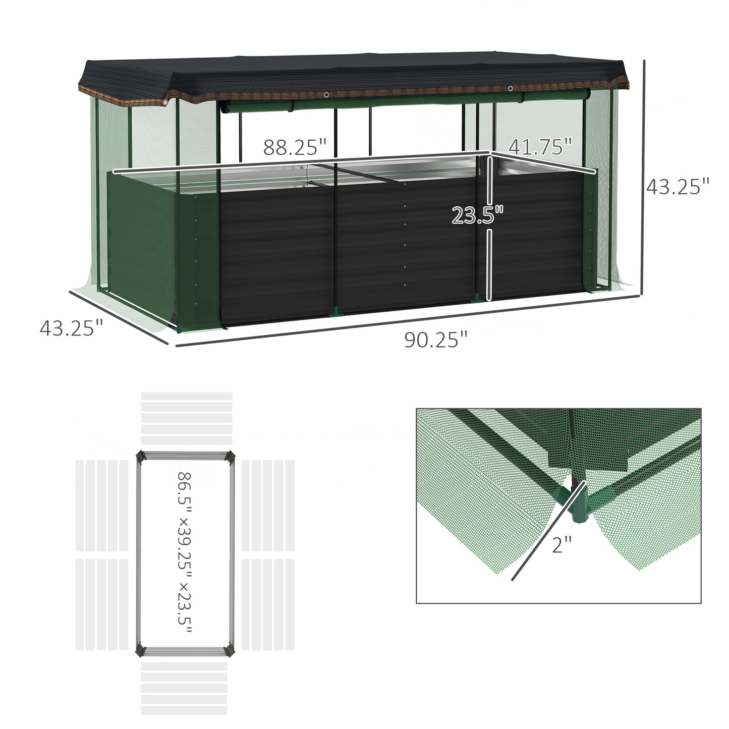 Galvanized Steel Planter Box With Crop Cage And Shade Cloth, Raised Garden Bed For Flowers, Veggies And Herbs, Dark Gray