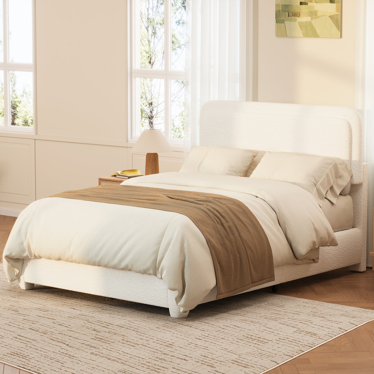 Boucle Queen Bed Frame With Adjustable Height Headboard, Modern Platform Bed With Curved Cloud Headboard, Elegant Boucle Fabric Low Profile Platform Bed, No Box Spring Needed, Easy Assembly, White
