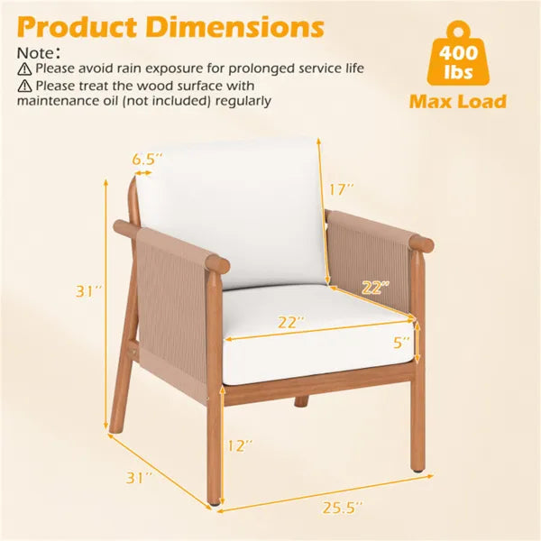 White Boho Patio Acacia Wood Chair With Woven Rope Armrests, Cushioned Outdoor Accent Chair For Porch Balcony