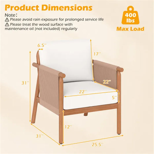 White Boho Patio Acacia Wood Chair With Woven Rope Armrests, Cushioned Outdoor Accent Chair For Porch Balcony