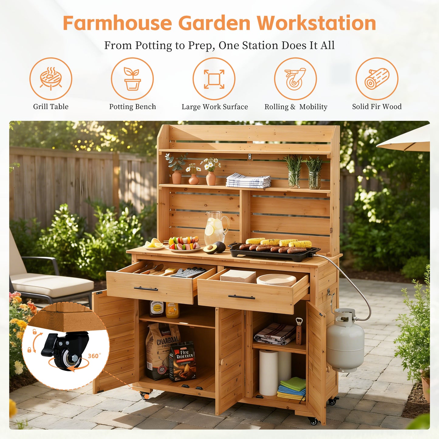 Assembly Video- TOPMAx 65 H Large Garden Potting Bench With Lockable Wheel And Storage Cabinet  Wood Outdoor Kitchen Island Prep Cart With Hutch Top  Drawers And Removal Shelves For Grilling  Natural