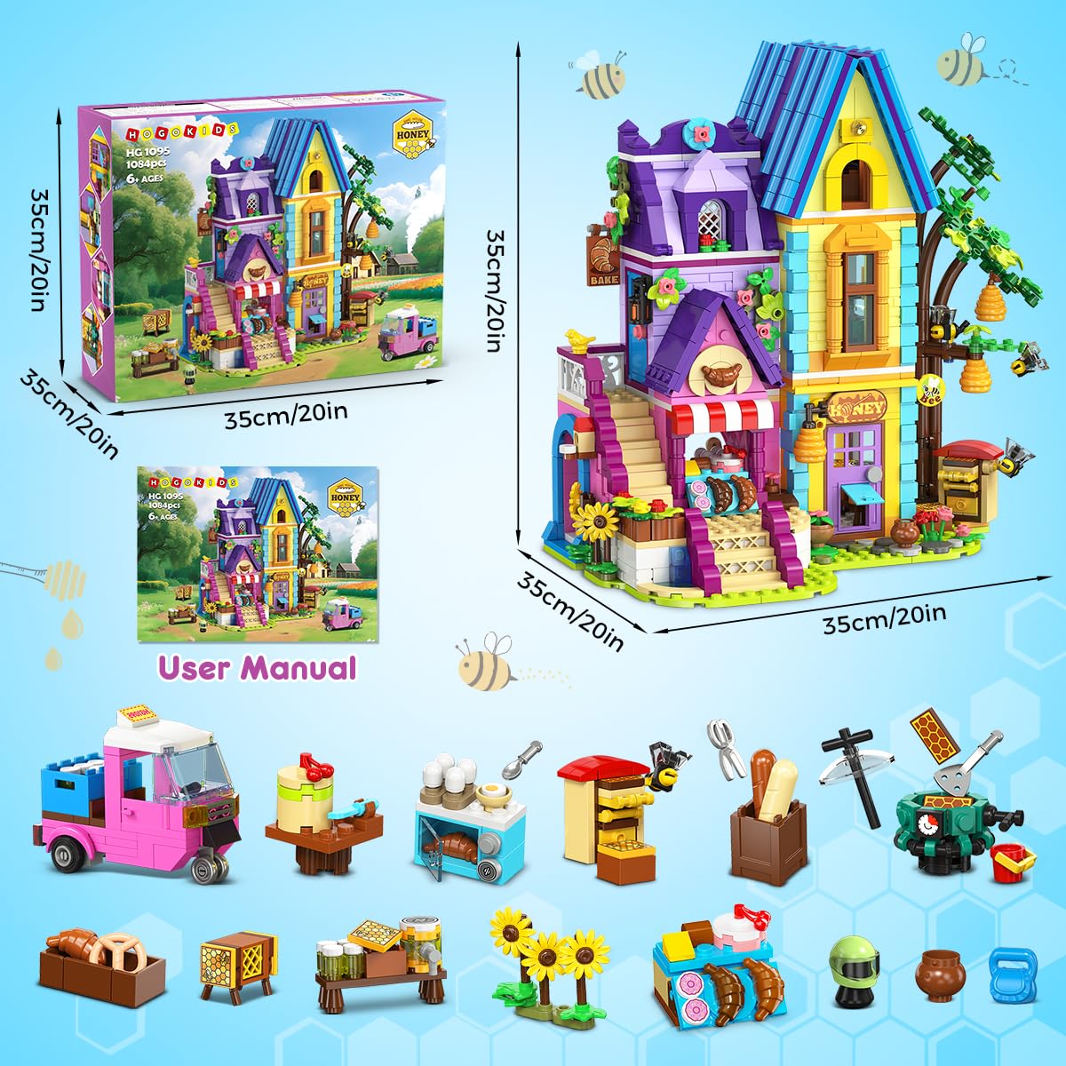 HOGOKIDS Beekeeping & Bakery House Building Toy With LED Light - 1084PCS Friends Girls Baking Building Set With Honey Workshop, Pretend Play Birthday For Kid Girls Boys