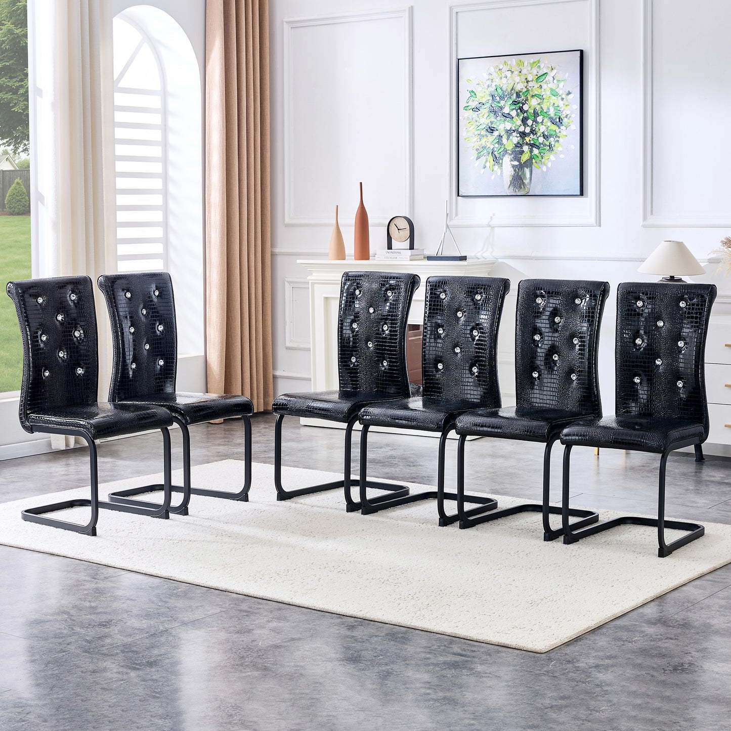 Set Of 4,Retro Alligator Skin Upholstered Dining Chairs,with Crystal Buckle Design And Faux Leather Design,a Touch Of Elegance And Mystery To The Dining Area,Black Spray-painted Metal Bow Leg