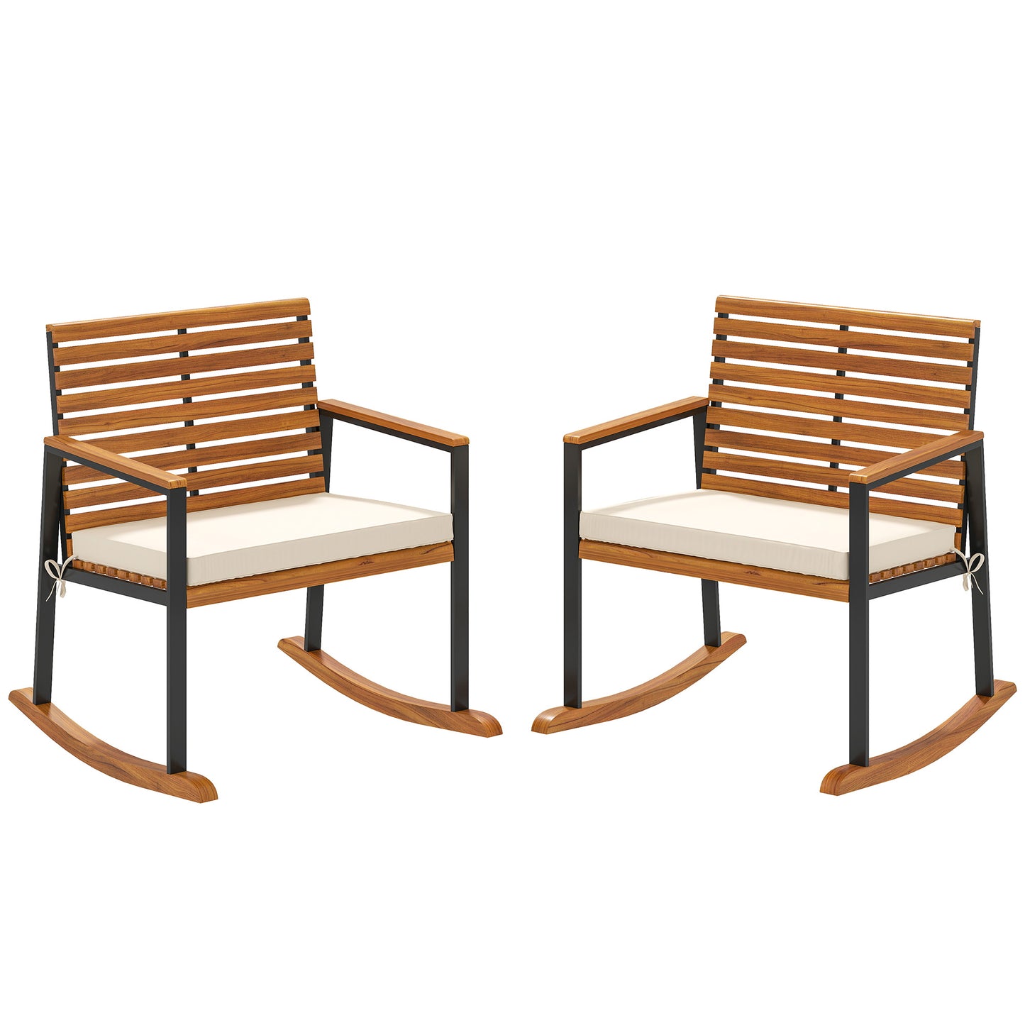 Lawn Rocking Chair Set Of 2 Rocking Chairs With Armrests Cushion, Cream White
