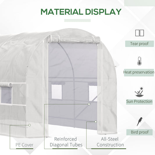 14.6' X 6.6' X 6.6' Walk-In Tunnel Greenhouse, Large Garden Hot House Kit With 6 Roll-up Windows & Roll Up Door, Steel Frame, White