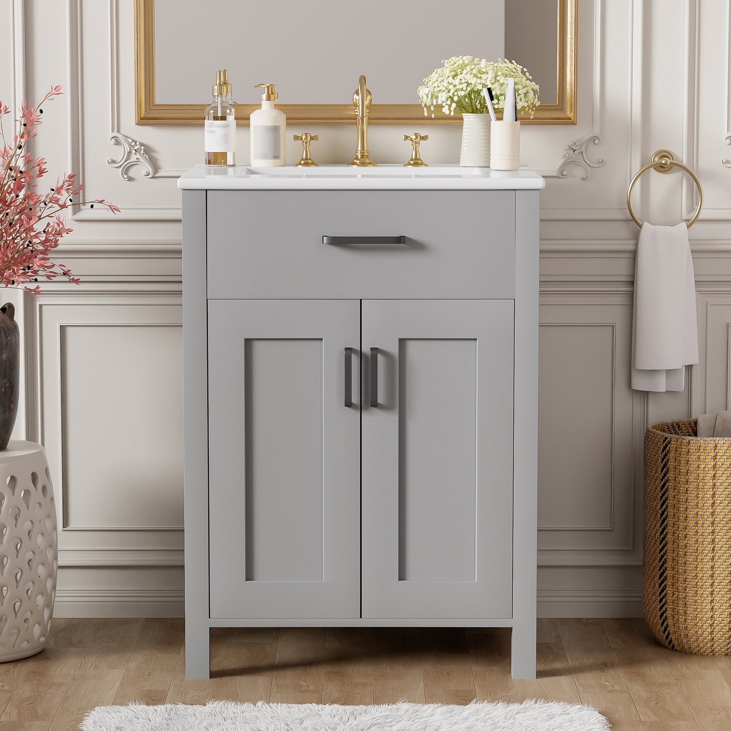 24 Bathroom Vanity Combo With Ceramic Sink, Luxurious Space-Saving Vanity - W24 XD18 XH34 Inch, 2 Soft Close Doors