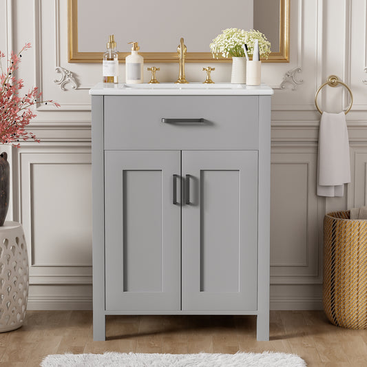 24 Bathroom Vanity Combo With Ceramic Sink, Luxurious Space-Saving Vanity - W24 XD18 XH34 Inch, 2 Soft Close Doors
