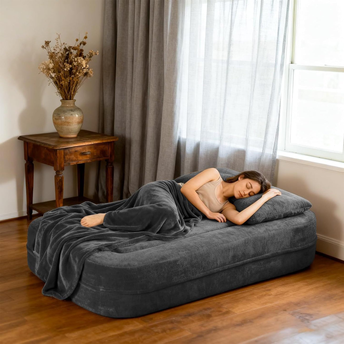 Convertible Sofa Bed With Blanket, Boneless Cloud Couch Queen   Fabric For Living Room Bedroom, Modular Loveseat With High-Density Solid Sponge No Assembly,Grey.