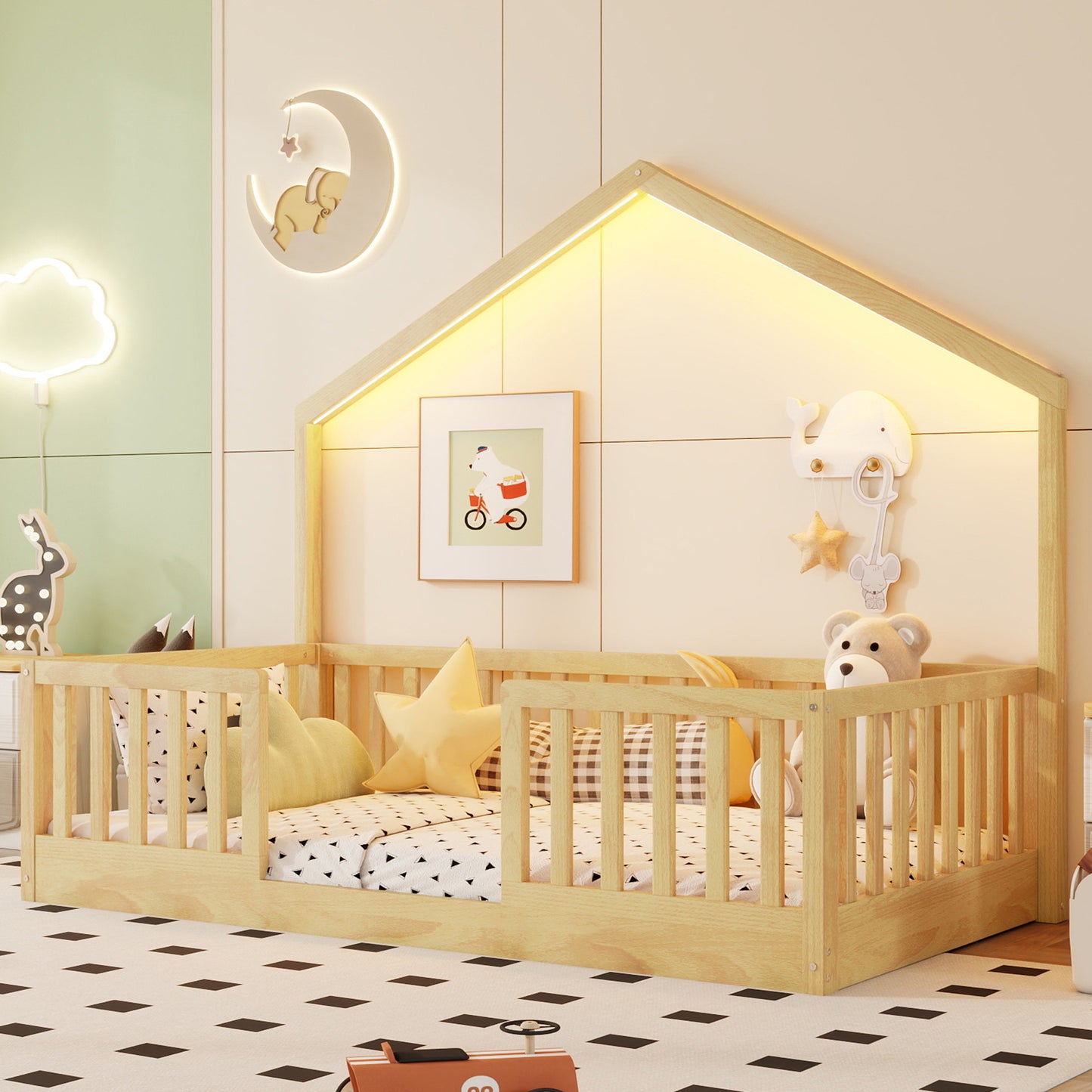 Twin Floor Bed With High Rails, Wooden Montessori Bed With Light For Kids, Boys And Girls,NaturalExpect Arrival Date 2026 3 16