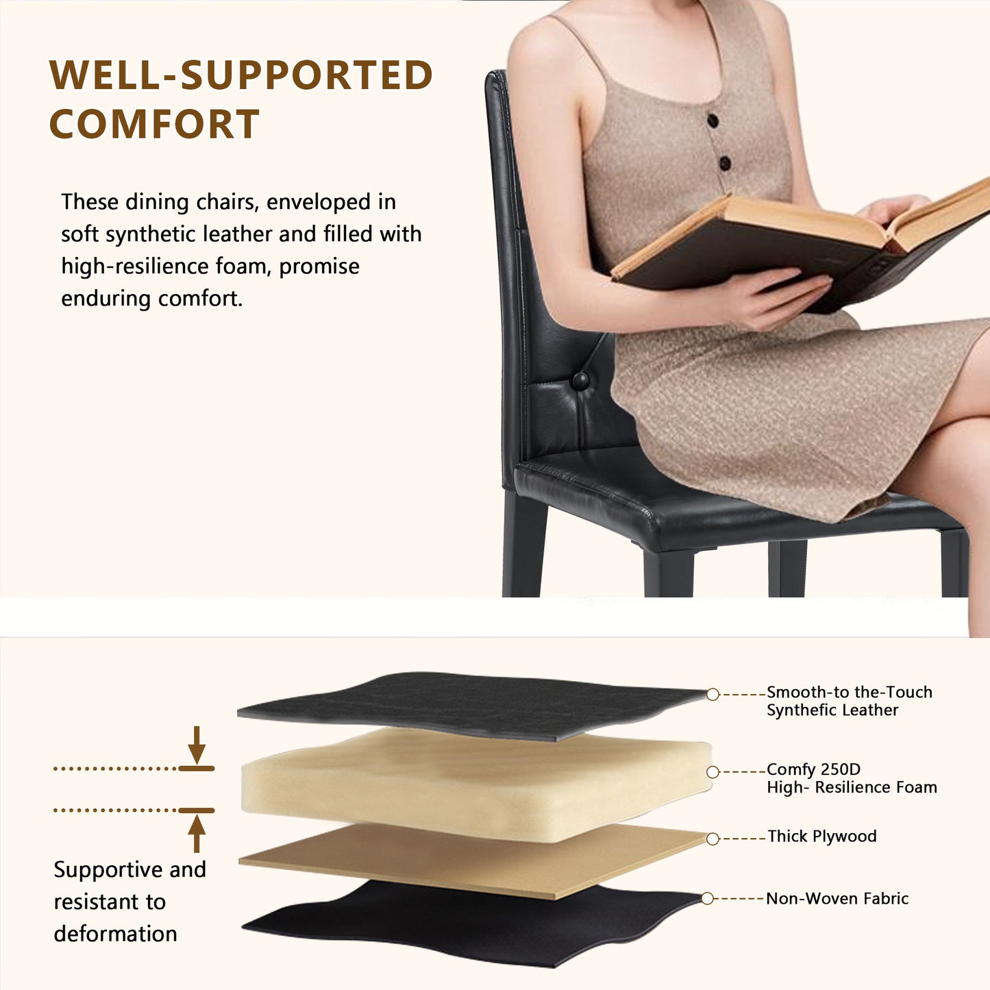 2-pack Black PU Dining Chairs,Ergonomic Buckle Backrest, 35 Inches High, Black Metal Legs,Combines Comfort And Texture.Perfectly Suitable For Family Dining Rooms, Hotel Banquet Halls,etc.