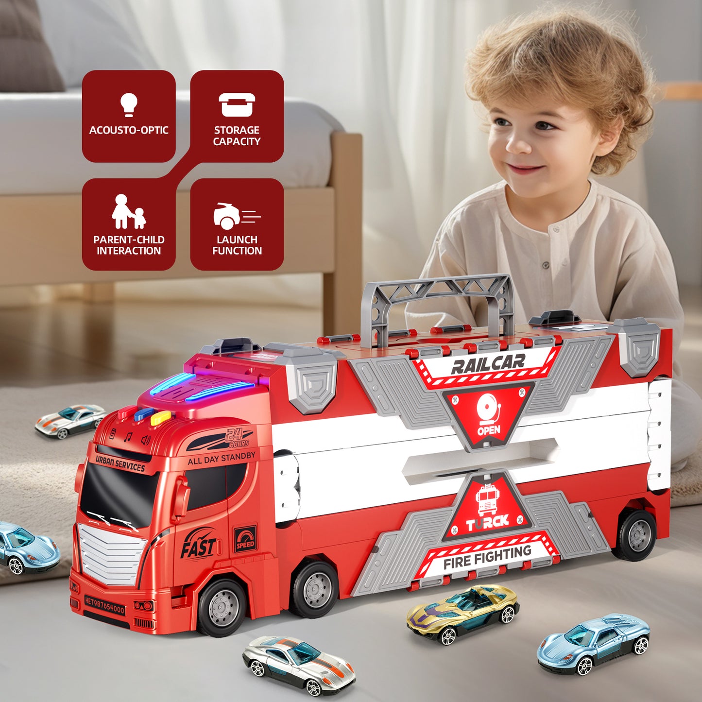 2026  Fire Truck Toys Car With Lights Sounds Music , Transport Truck Toys,Kids Birthday Toys