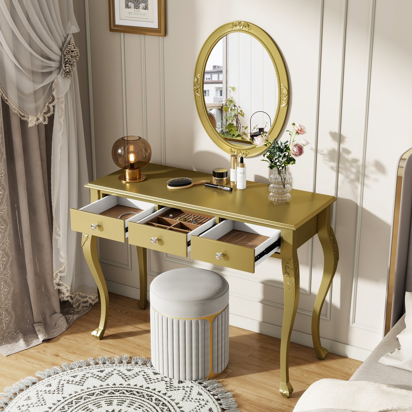 Luxury Makeup Vanity Desk With Oval Mirror, 3-Drawer Dressing Table For Jewelry Storage, Elegant Console Table For Entryway, Living Room & Bedroom, Stylish Home Decor,Gold