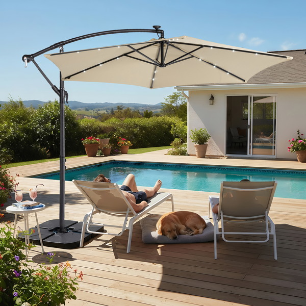 10FT Round Banana Hanging Patio Umbrella With 18 LED Lights, 6 Iron Ribs, Iron Straight & Curved Pole, Waterproof Polyester Canopy, With Stand Sleeve And Cross Base, Khaki
