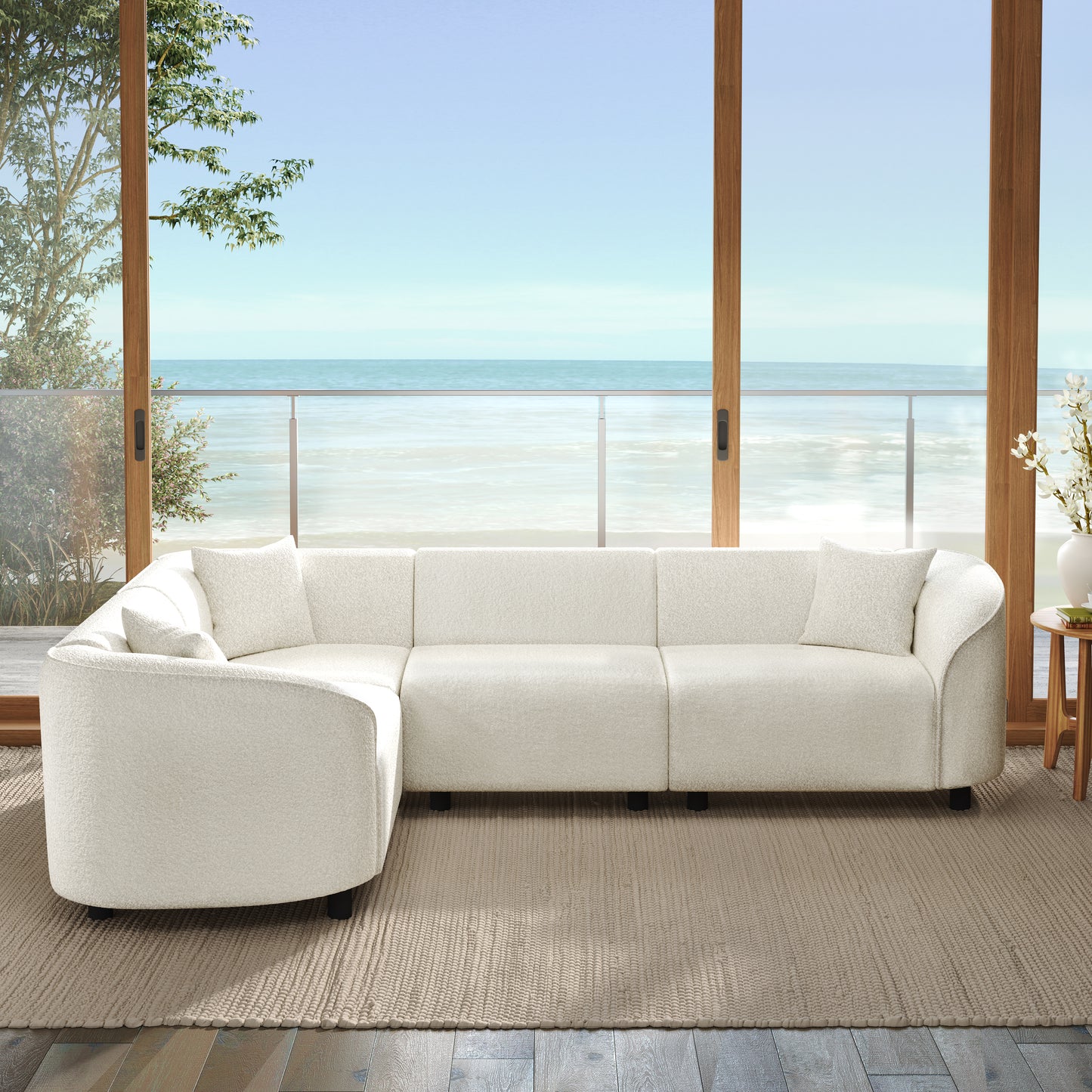 104  L-Shaped Curved Contemporary Sectional Sofa In Beige Plush 4-Seater, Sculptural Design & Premium Boucle Upholstery  Modern Luxury For Spacious Living