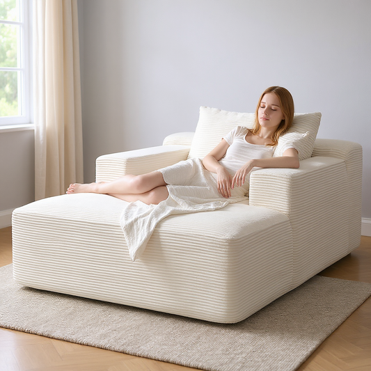 Convertible Chaise Lounge Chair Indoor  Oversized Corduroy Couch With Wide Armrest & Throw Pillows, Cozy Boneless Sleeper Sofa Bed Armchair For Living Room, Bedroom, No Assembly Required, Beige