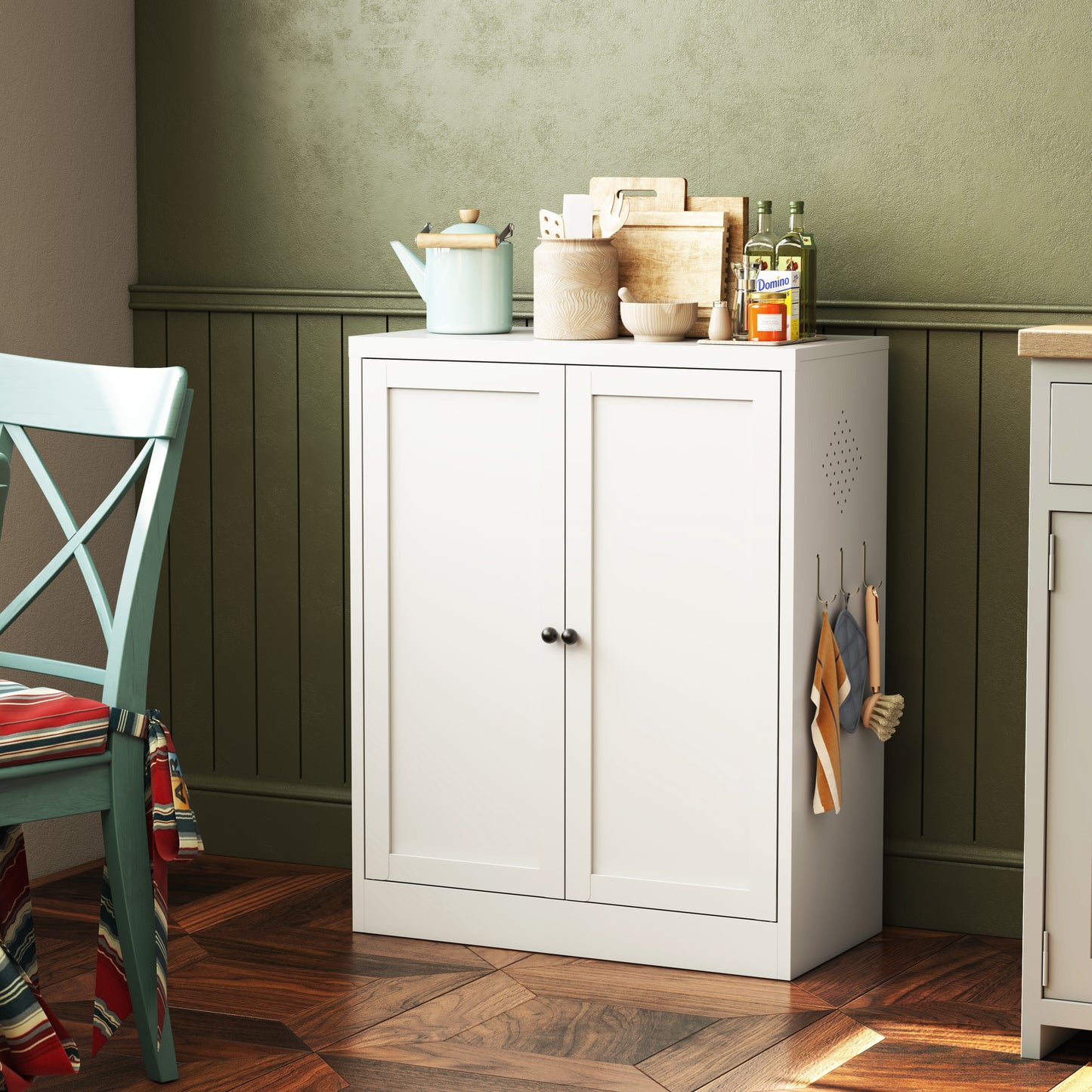 34.6  White Metal Pantry Cabinet With Adjustable Shelves - Freestanding Kitchen Storage Organizer With Easy-Grip Handles,  Assembly Required, Ideal For Kitchen, Dining Room, Apartment