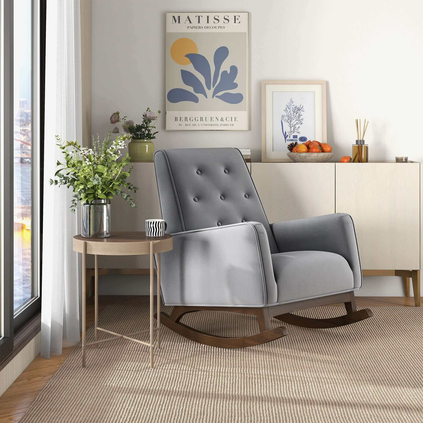 Premium Demetrius Light Grey Fabric Solid Wood Rocking Chair For Living Room And Nursery 36.6  H X 27.5  W X 39  D Or Living Room Bedroom Reading