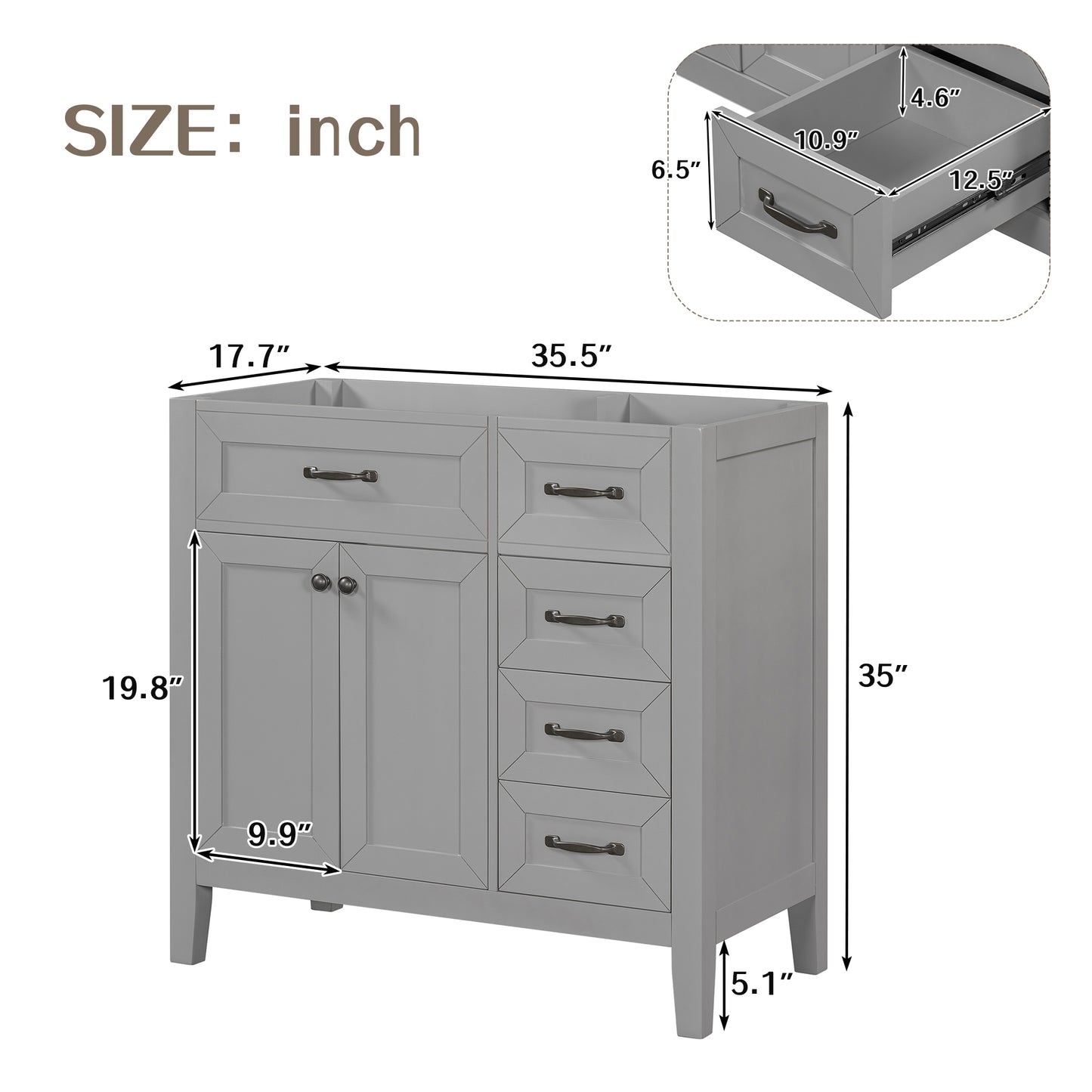 36  Bathroom Vanity Without Sink, Cabinet Base Only, Bathroom Cabinet With Drawers, Solid Frame And MDF Board, Grey