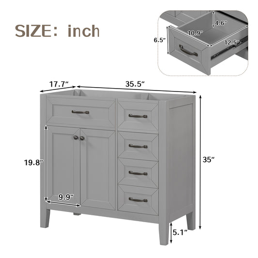 36  Bathroom Vanity Without Sink, Cabinet Base Only, Bathroom Cabinet With Drawers, Solid Frame And MDF Board, Grey