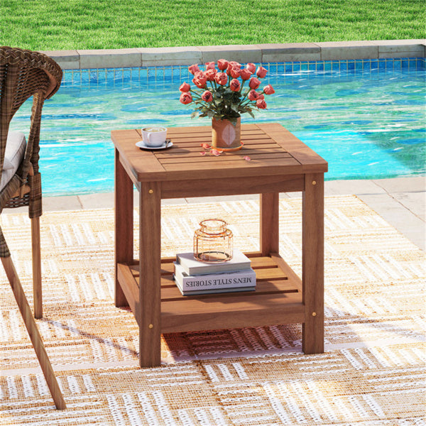 Versatile 2-Tier Wooden Side Table, Easy Assembly Nightstand For Garden Living Room Poolside