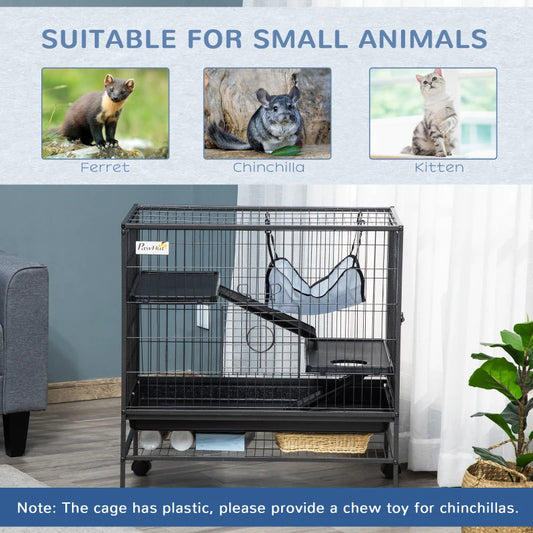 Small Animal Cage With Wheels, Pet Playpen For Rat, Syrian Hamster, Kitten, Ferrets, Chinchillas With Bottom Storage Shelf, Removable Tray, Ramp