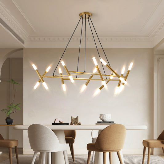 41  Golden Modern Chandelier Light Fixture, Branch Design With Frosted Tubes, Black Cords, Adjustable Height Pendant Light For Dining Room, Living Room, Or Kitchen Island Bulb Not Included