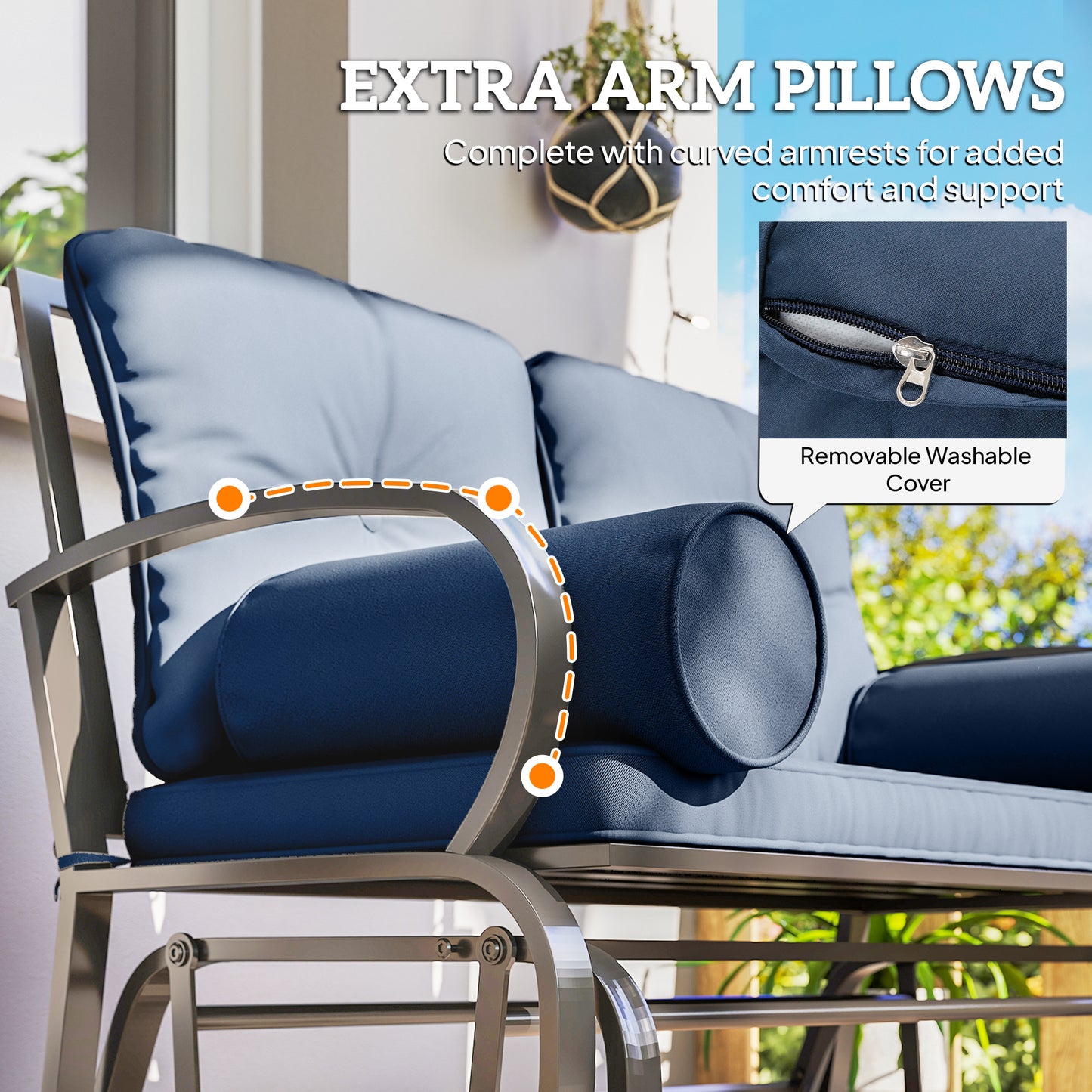 Swing Glider Rocking Chair, Double Patio Bench, 2 Person Loveseat With Steel Frame, Cushions, Pillow Armrests, Blue