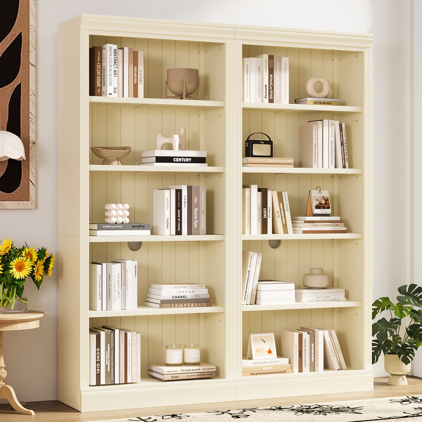 83 Tall Wood Bookcase Suite With Light Strip ,5-Tier Decor Bookcase Suite With Adjustable Shelves,Storage Organizer,Free Standing Storage Shelves Suite For Living Room,Home Office,Beige And Yellow