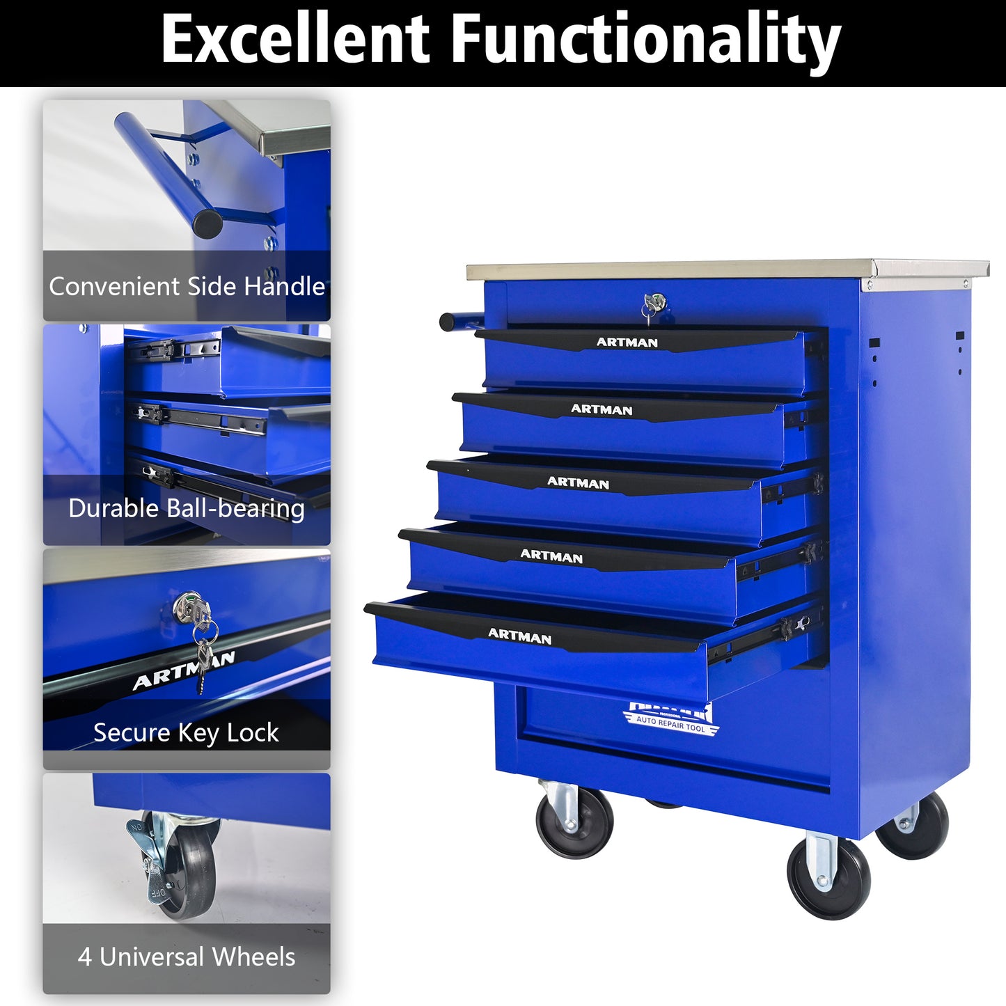6 Drawers Multifunctional Tool Cart With Wheels,Metal Rolling Tool Cart Storage For Garage Workshop Warehouse Repair Shop--With Stainless Steel Roof- BLACK&BLUE